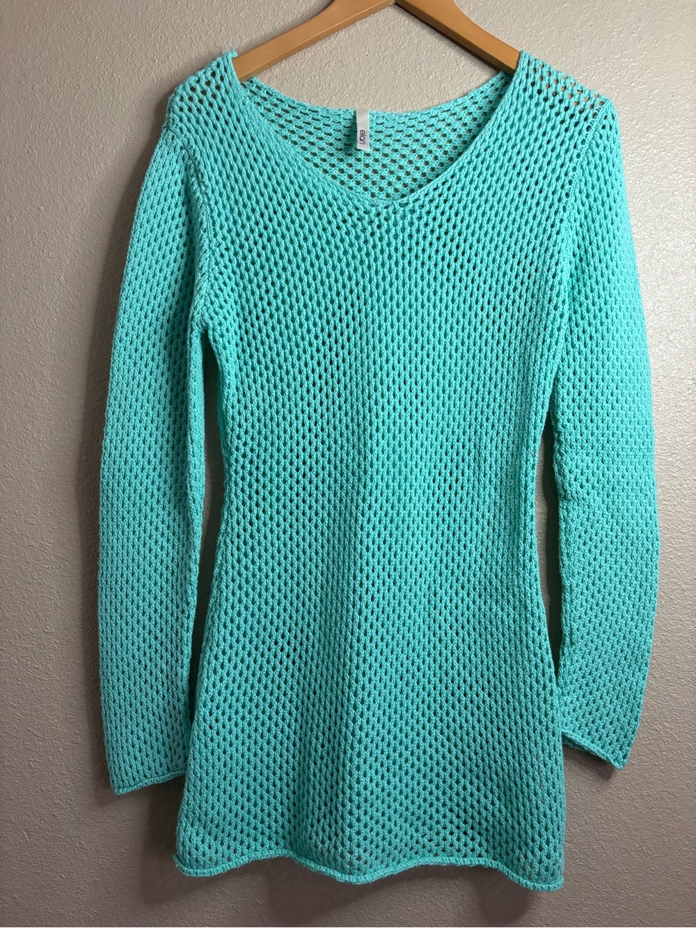Elan Turquoise Blue Open Knit V-neck Long Sleeve Beach Cover-up Size L Swim